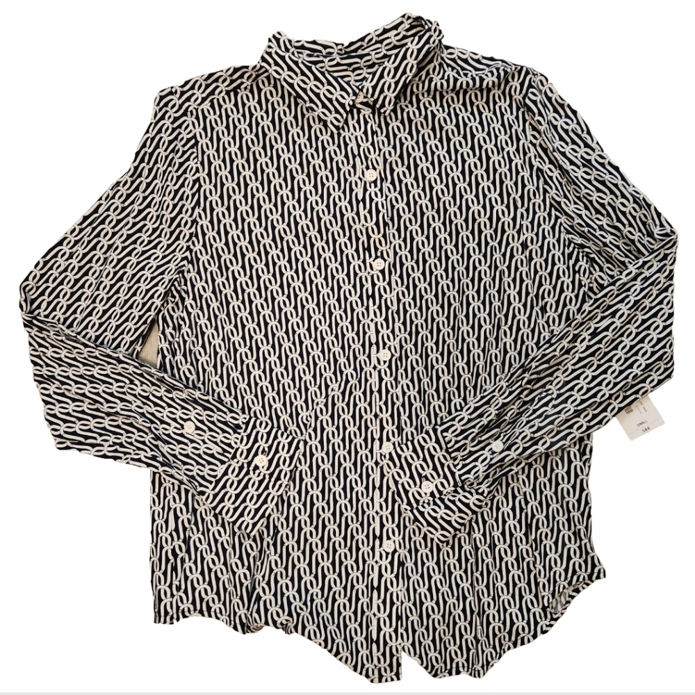Liz Claiborne Navy White Chain Print Nautical long sleeve button down shirt NWT